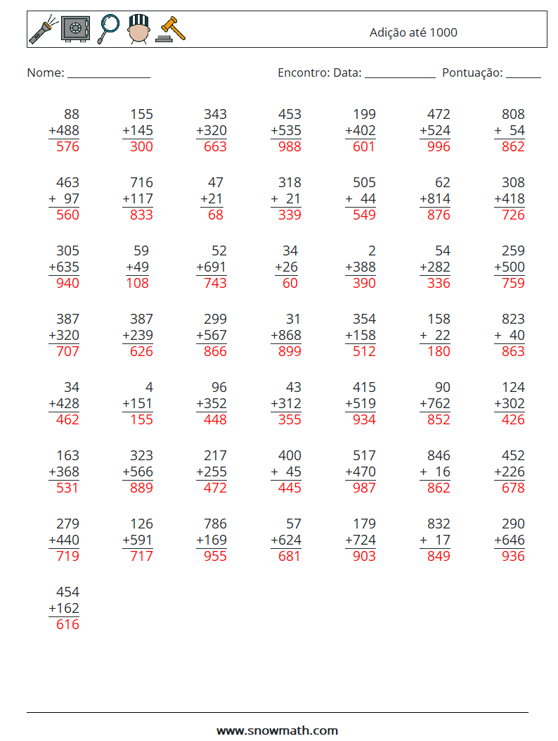 (50) Adição até 1000 planilhas matemáticas 16 Pergunta, Resposta