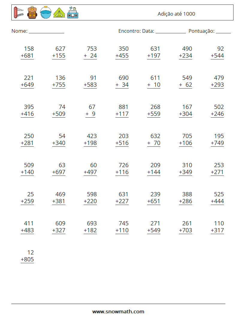 (50) Adição até 1000 planilhas matemáticas 17