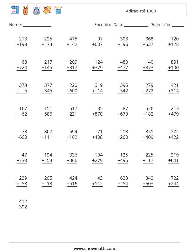 (50) Adição até 1000 planilhas matemáticas 18