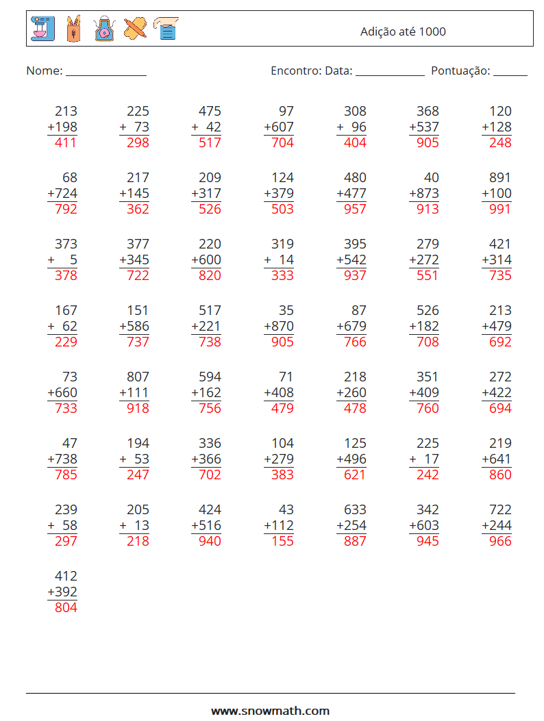 (50) Adição até 1000 planilhas matemáticas 18 Pergunta, Resposta