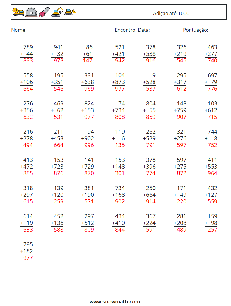 (50) Adição até 1000 planilhas matemáticas 1 Pergunta, Resposta