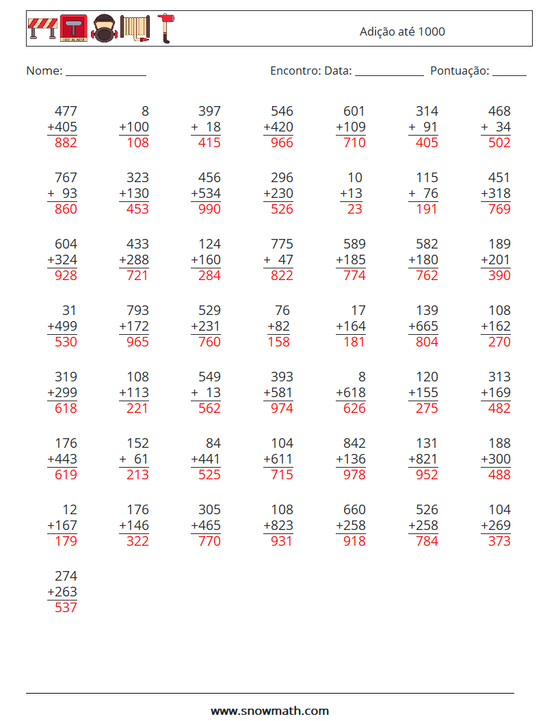 (50) Adição até 1000 planilhas matemáticas 2 Pergunta, Resposta