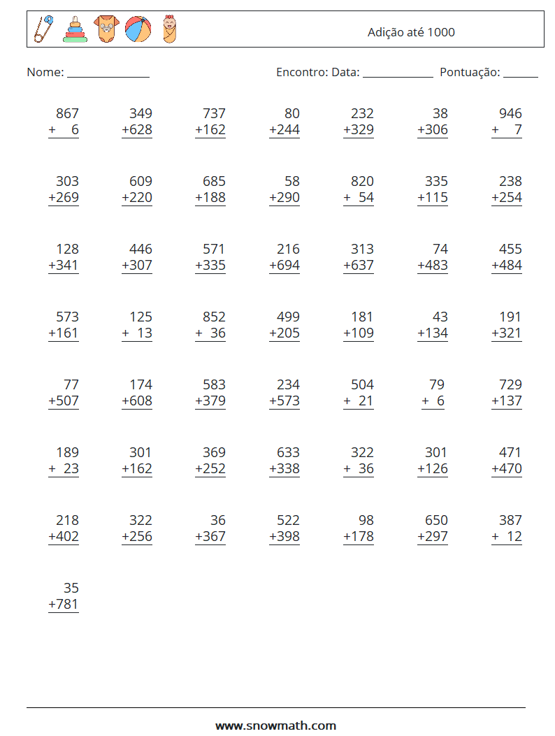 (50) Adição até 1000 planilhas matemáticas 3