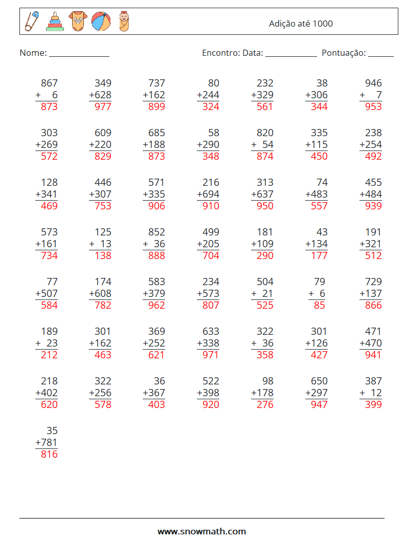 (50) Adição até 1000 planilhas matemáticas 3 Pergunta, Resposta