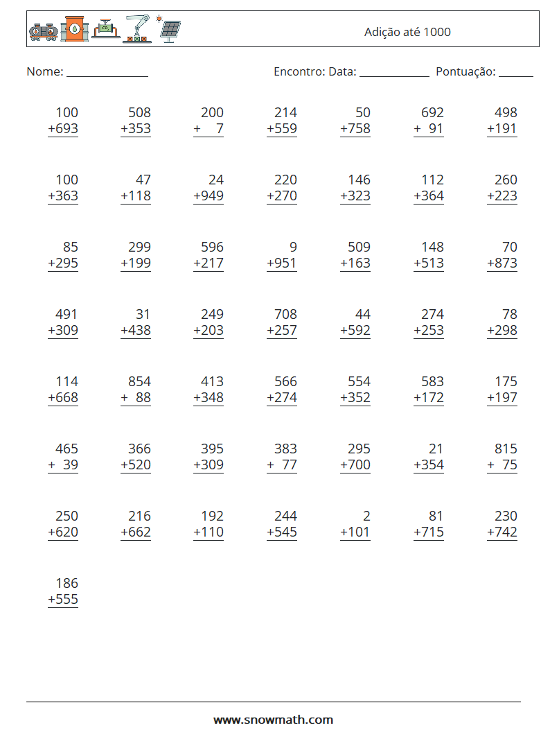 (50) Adição até 1000 planilhas matemáticas 4