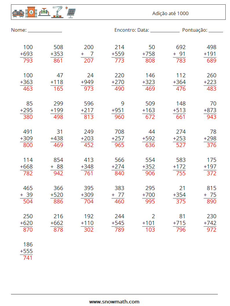 (50) Adição até 1000 planilhas matemáticas 4 Pergunta, Resposta