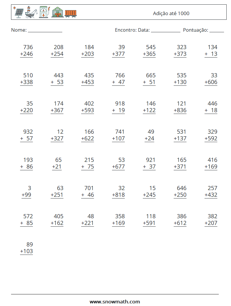 (50) Adição até 1000 planilhas matemáticas 5