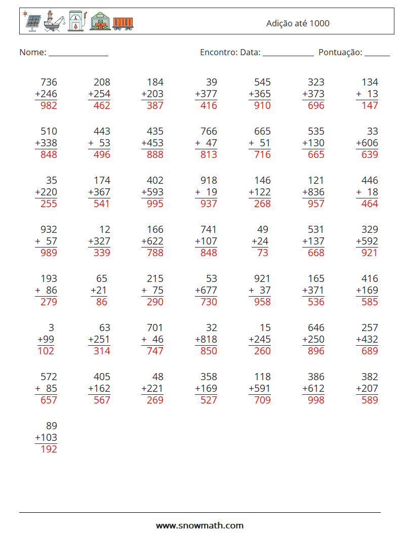 (50) Adição até 1000 planilhas matemáticas 5 Pergunta, Resposta