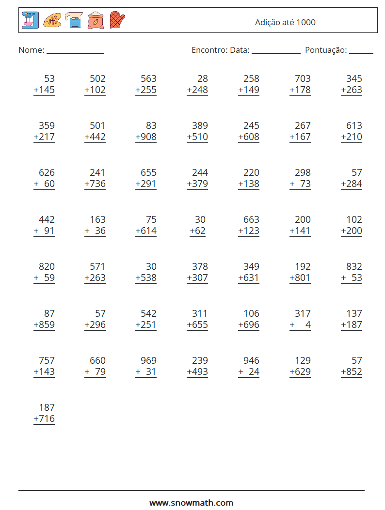 (50) Adição até 1000 planilhas matemáticas 6