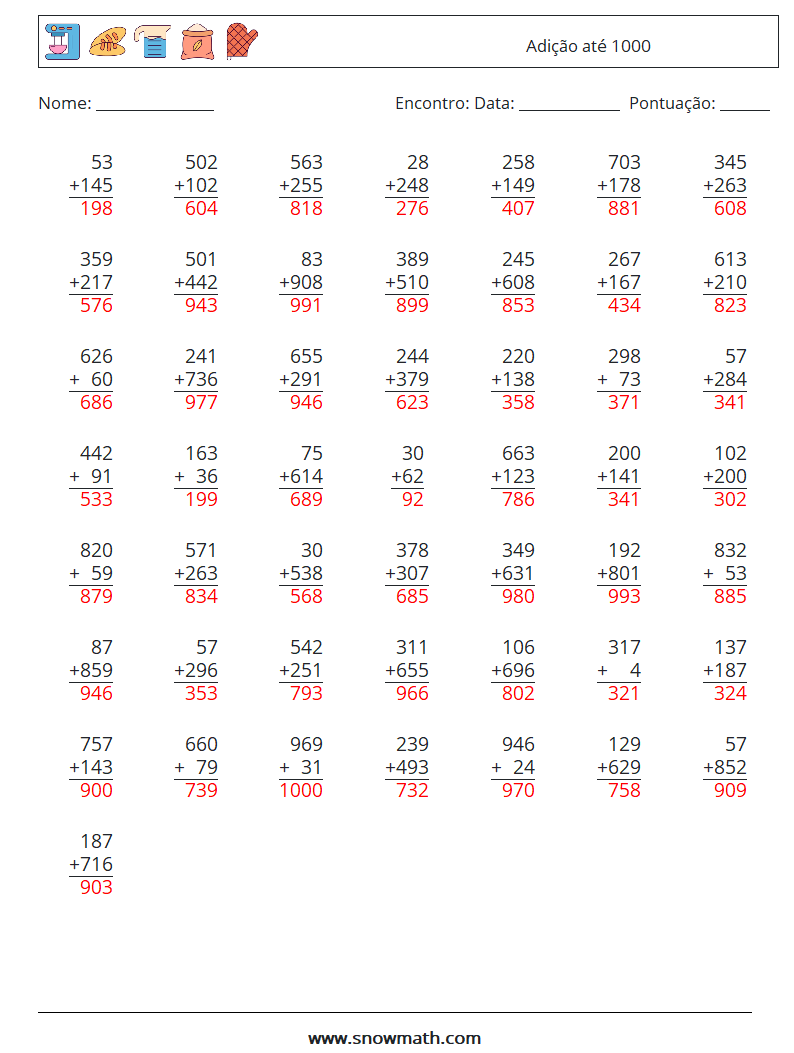 (50) Adição até 1000 planilhas matemáticas 6 Pergunta, Resposta