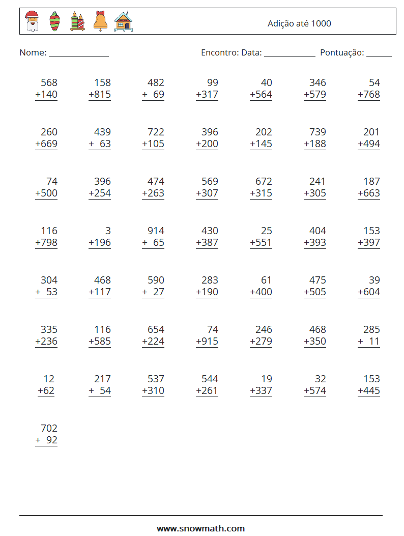 (50) Adição até 1000 planilhas matemáticas 7