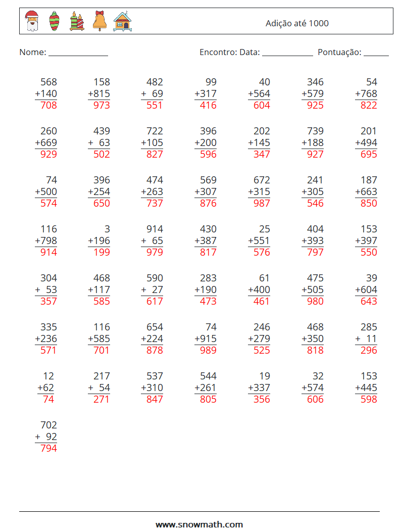 (50) Adição até 1000 planilhas matemáticas 7 Pergunta, Resposta