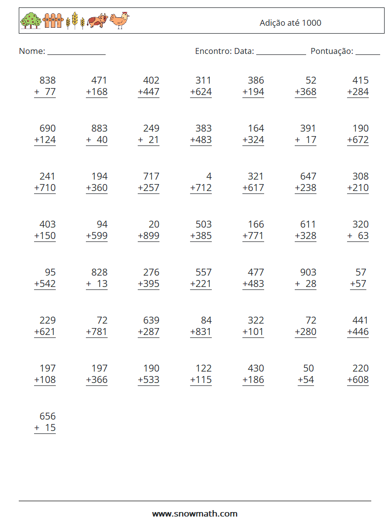 (50) Adição até 1000 planilhas matemáticas 8