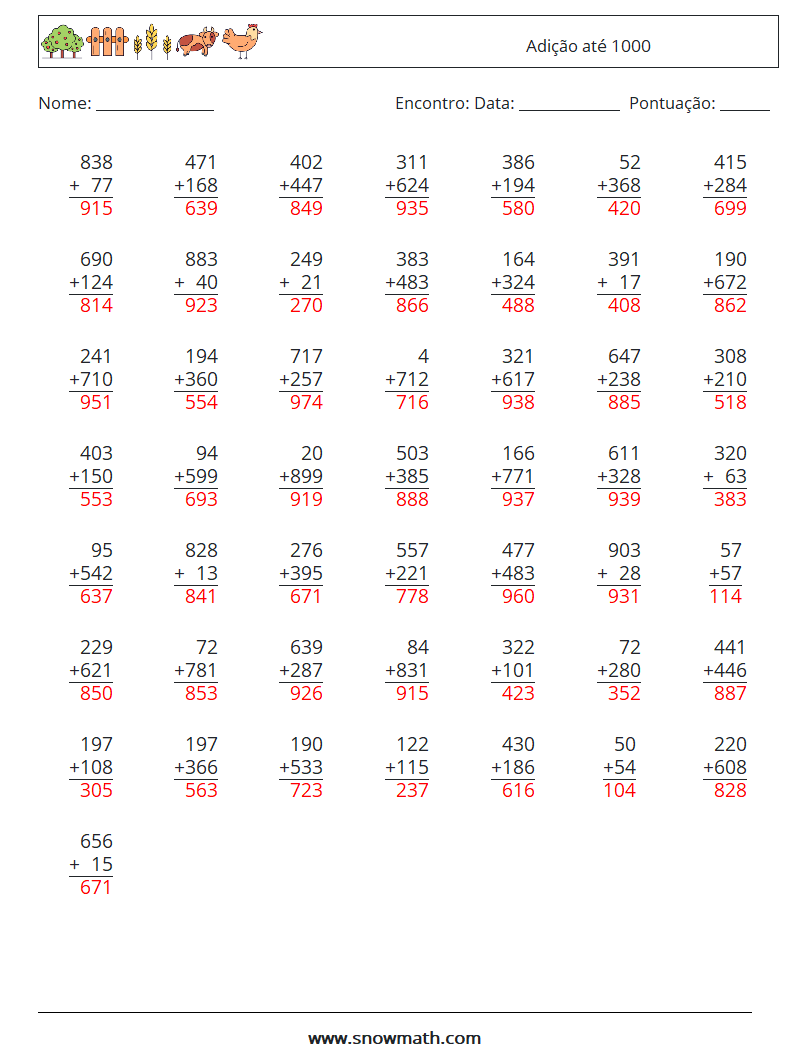 (50) Adição até 1000 planilhas matemáticas 8 Pergunta, Resposta