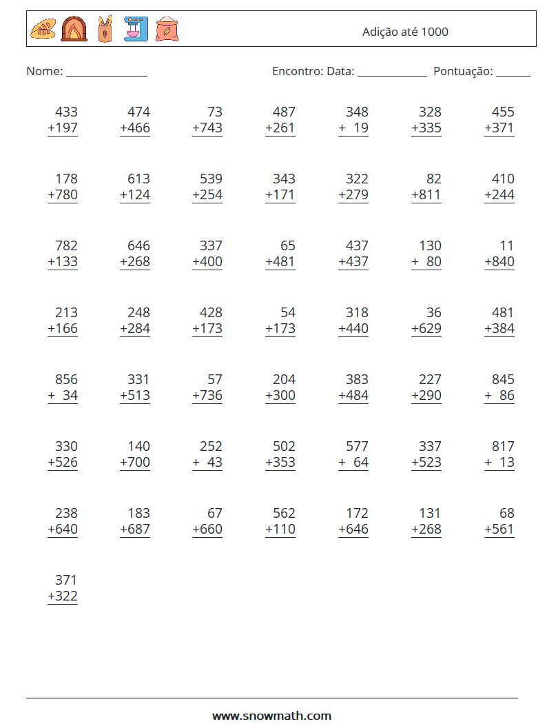 (50) Adição até 1000 planilhas matemáticas 9