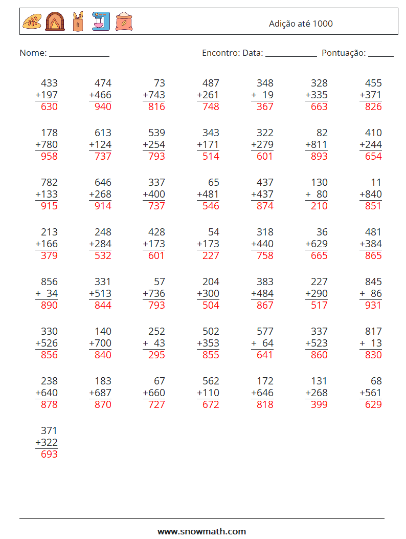 (50) Adição até 1000 planilhas matemáticas 9 Pergunta, Resposta