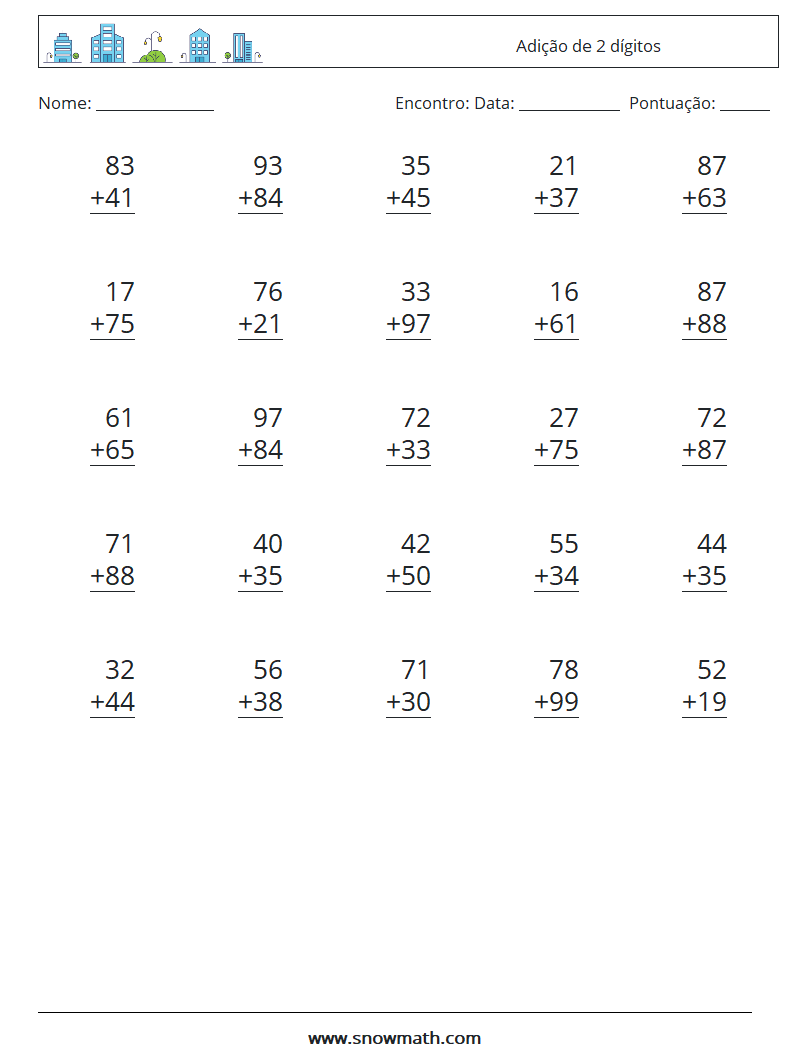 (25) Adição de 2 dígitos planilhas matemáticas 10