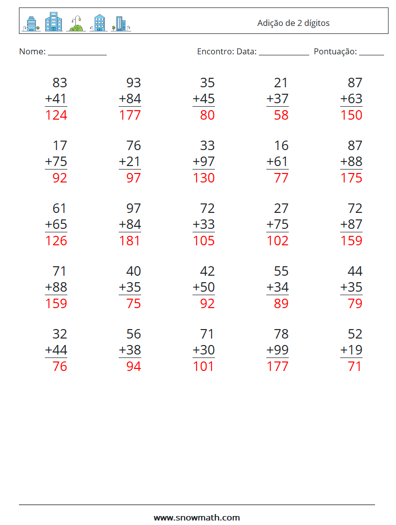 (25) Adição de 2 dígitos planilhas matemáticas 10 Pergunta, Resposta