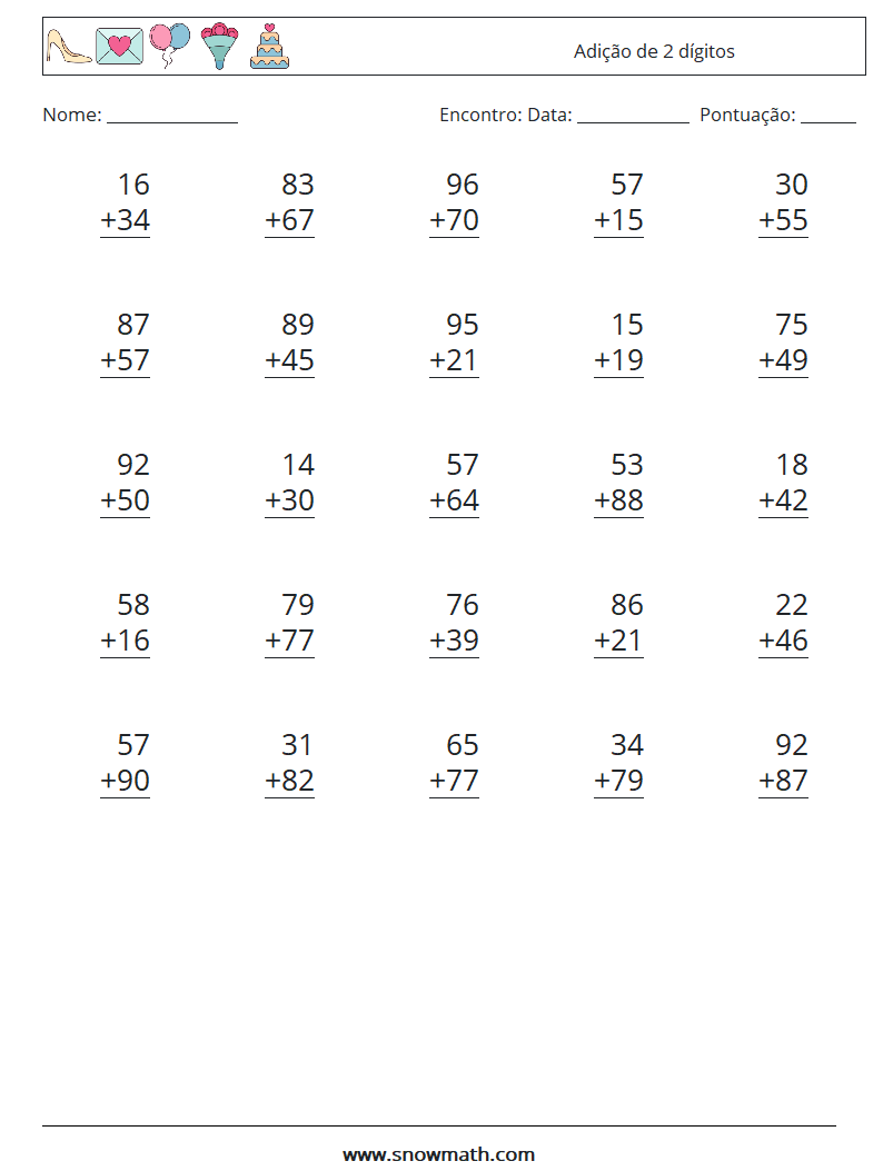 (25) Adição de 2 dígitos planilhas matemáticas 12