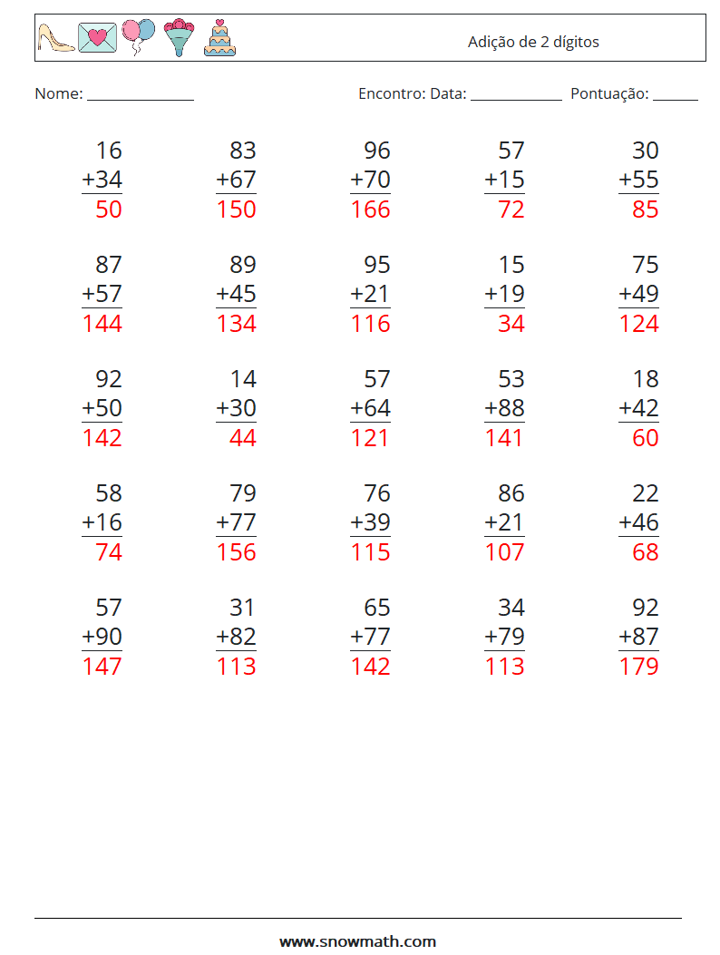 (25) Adição de 2 dígitos planilhas matemáticas 12 Pergunta, Resposta