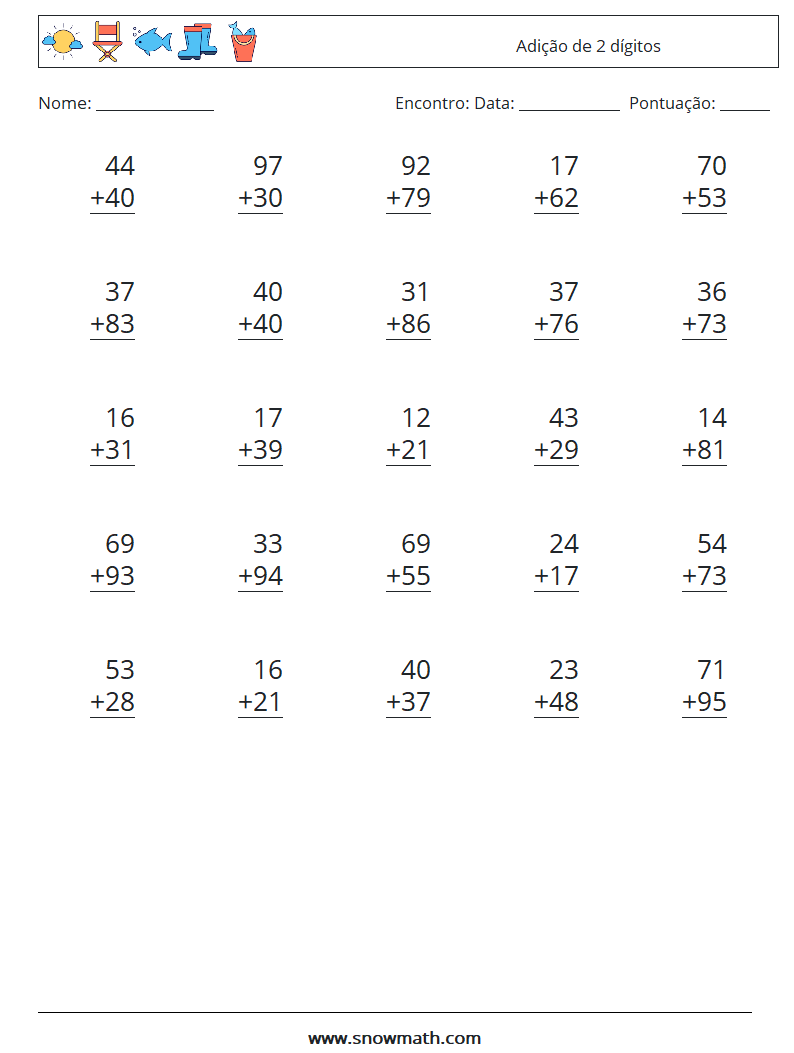 (25) Adição de 2 dígitos planilhas matemáticas 14