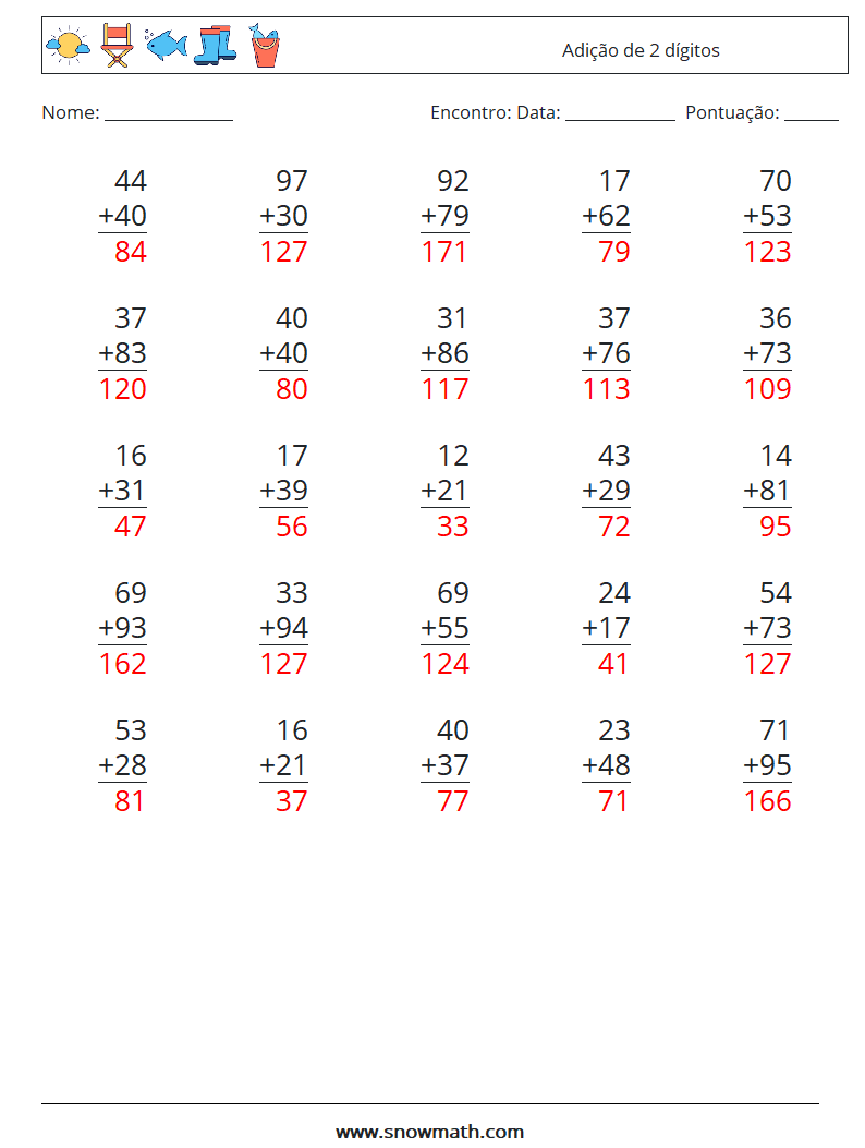 (25) Adição de 2 dígitos planilhas matemáticas 14 Pergunta, Resposta