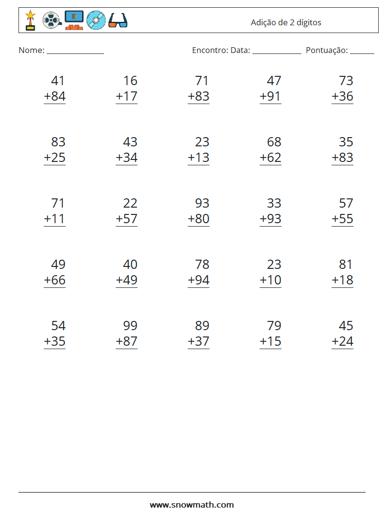 (25) Adição de 2 dígitos planilhas matemáticas 15