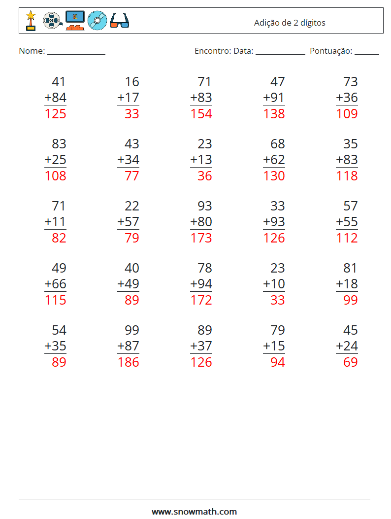 (25) Adição de 2 dígitos planilhas matemáticas 15 Pergunta, Resposta