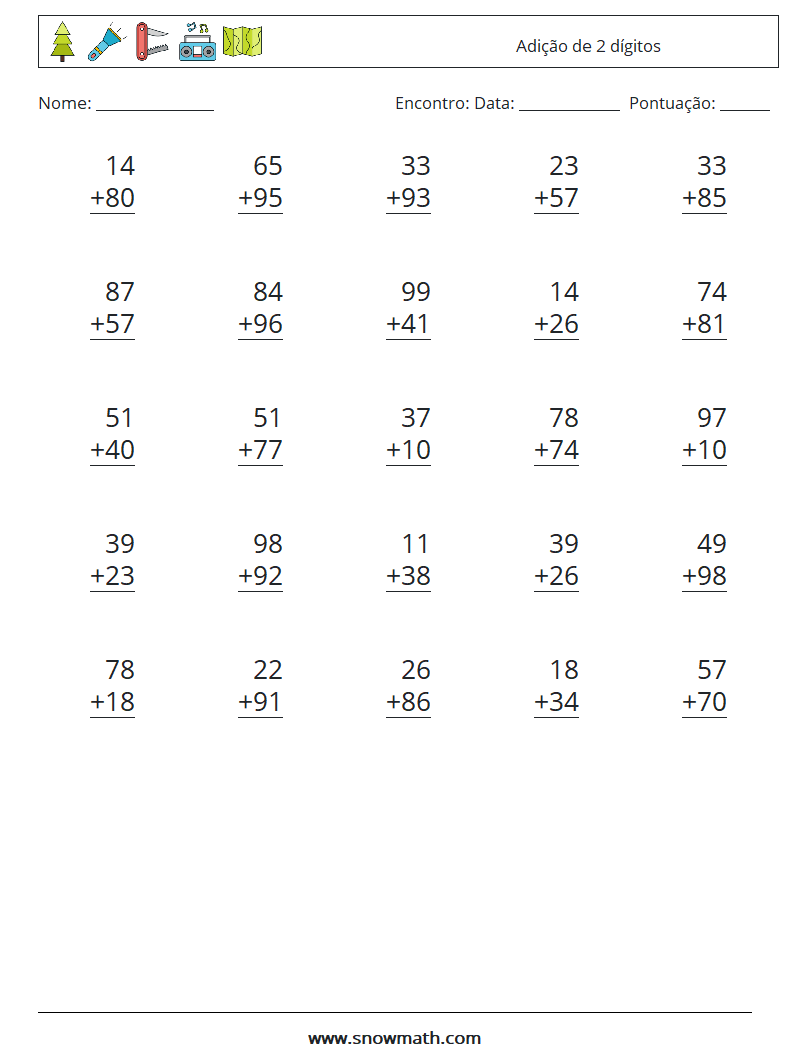 (25) Adição de 2 dígitos planilhas matemáticas 16