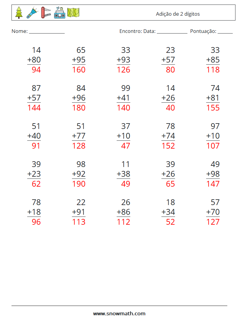 (25) Adição de 2 dígitos planilhas matemáticas 16 Pergunta, Resposta