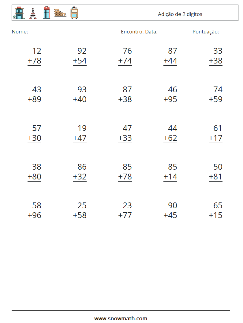 (25) Adição de 2 dígitos planilhas matemáticas 17