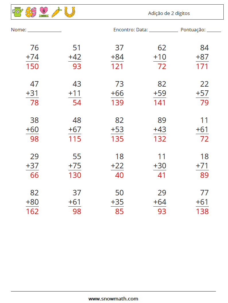 (25) Adição de 2 dígitos planilhas matemáticas 18 Pergunta, Resposta