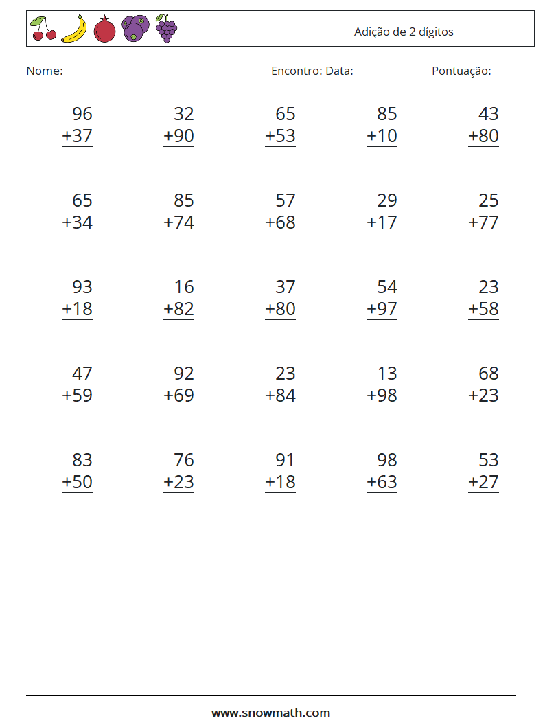 (25) Adição de 2 dígitos planilhas matemáticas 2