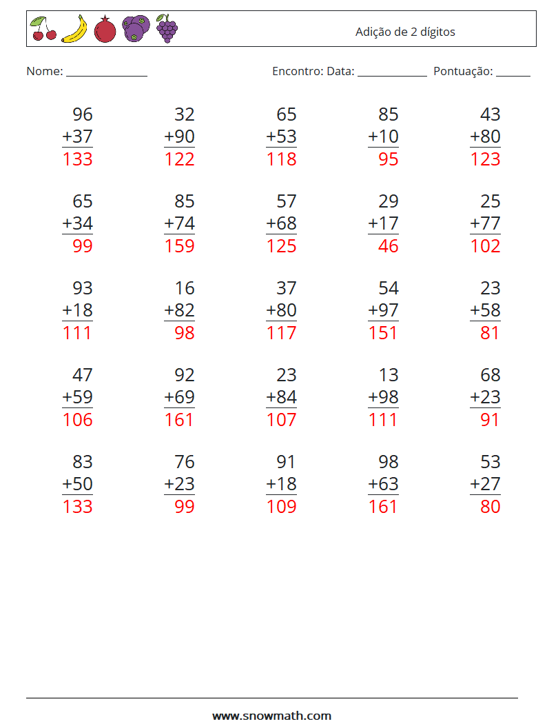 (25) Adição de 2 dígitos planilhas matemáticas 2 Pergunta, Resposta