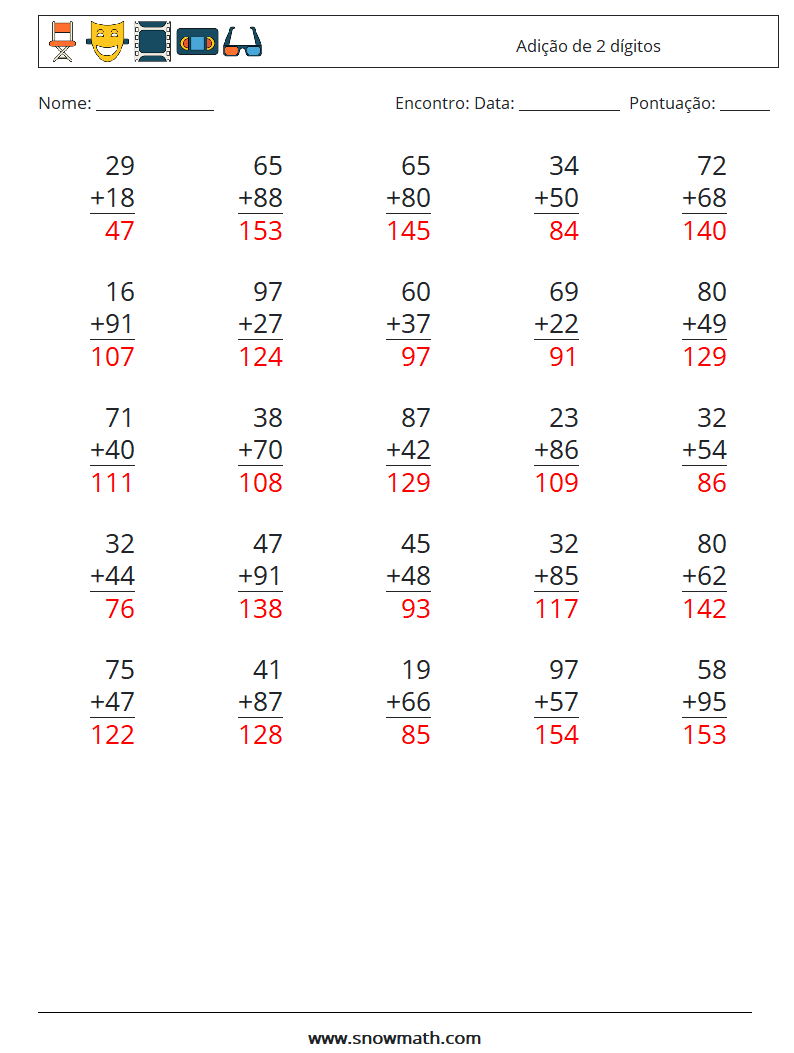 (25) Adição de 2 dígitos planilhas matemáticas 3 Pergunta, Resposta