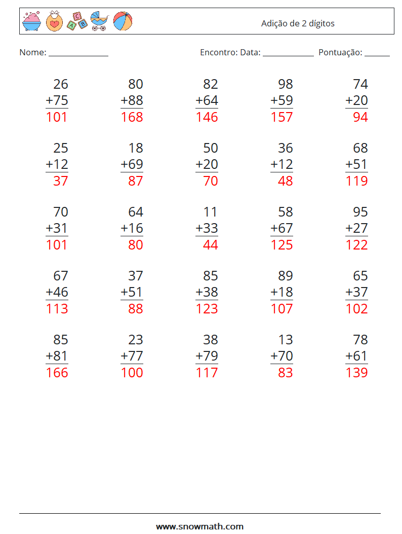 (25) Adição de 2 dígitos planilhas matemáticas 4 Pergunta, Resposta