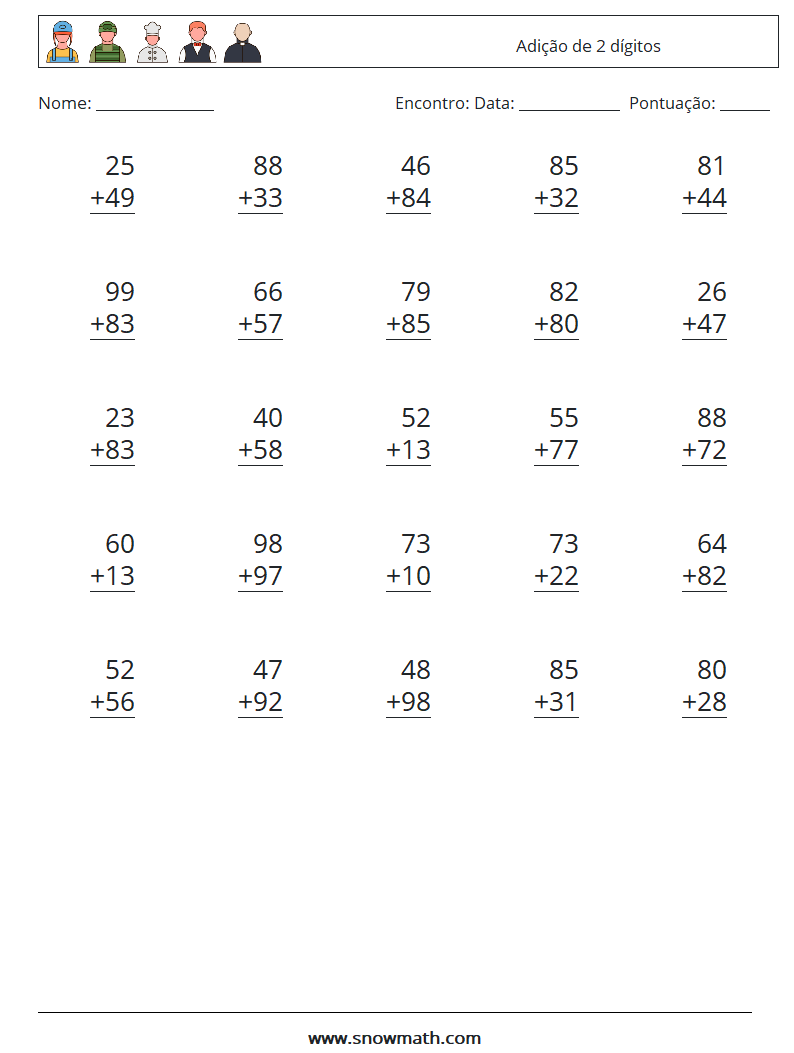 (25) Adição de 2 dígitos planilhas matemáticas 5