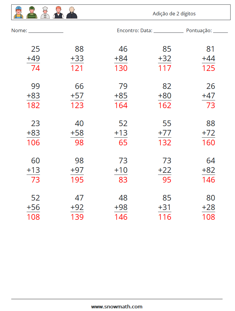 (25) Adição de 2 dígitos planilhas matemáticas 5 Pergunta, Resposta