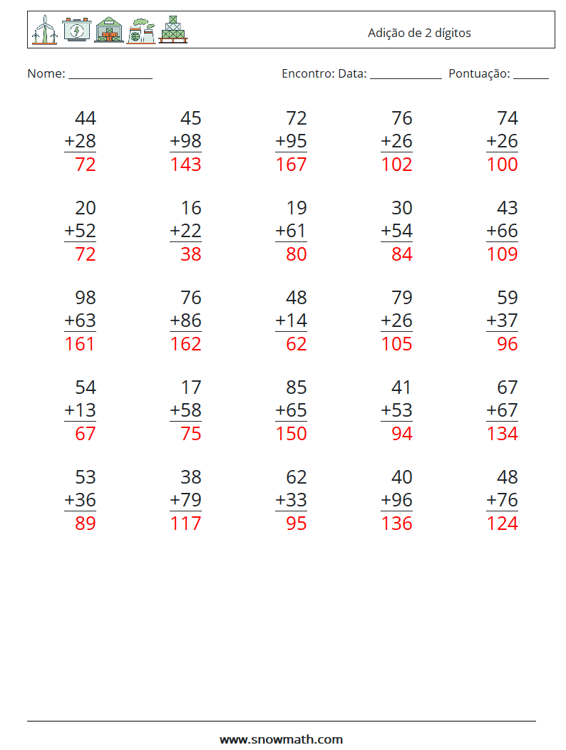 (25) Adição de 2 dígitos planilhas matemáticas 6 Pergunta, Resposta