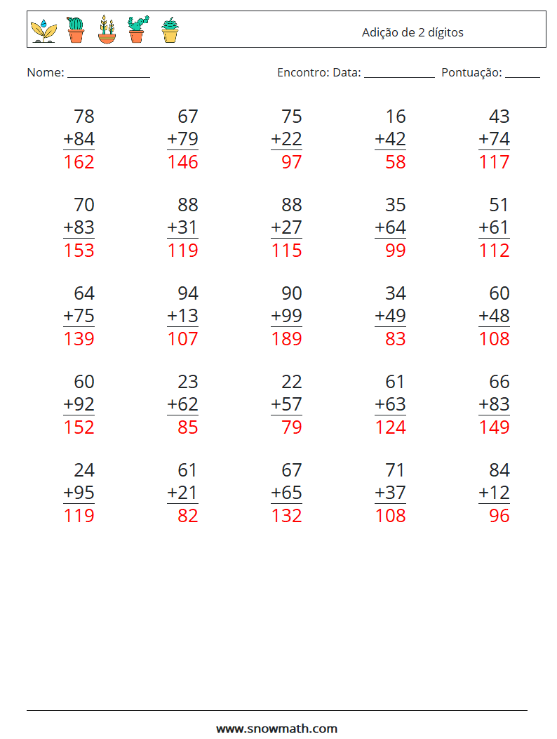 (25) Adição de 2 dígitos planilhas matemáticas 8 Pergunta, Resposta