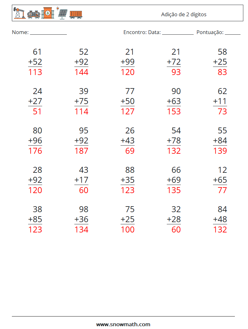 (25) Adição de 2 dígitos planilhas matemáticas 9 Pergunta, Resposta