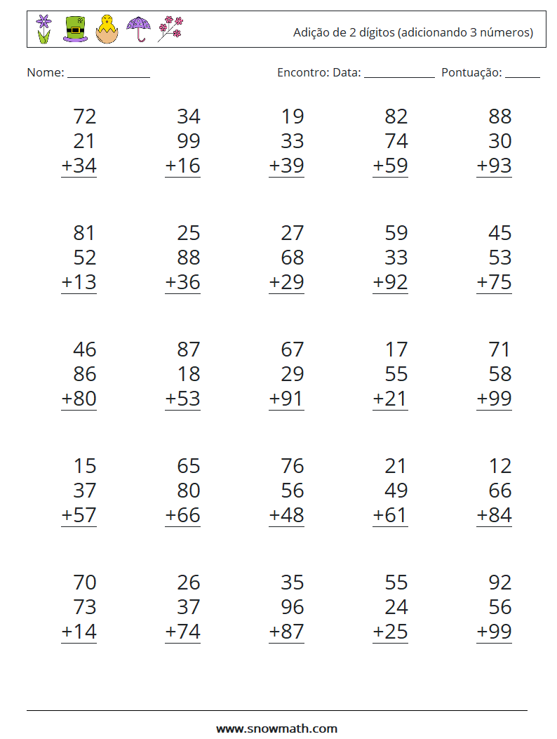 (25) Adição de 2 dígitos (adicionando 3 números) planilhas matemáticas 1