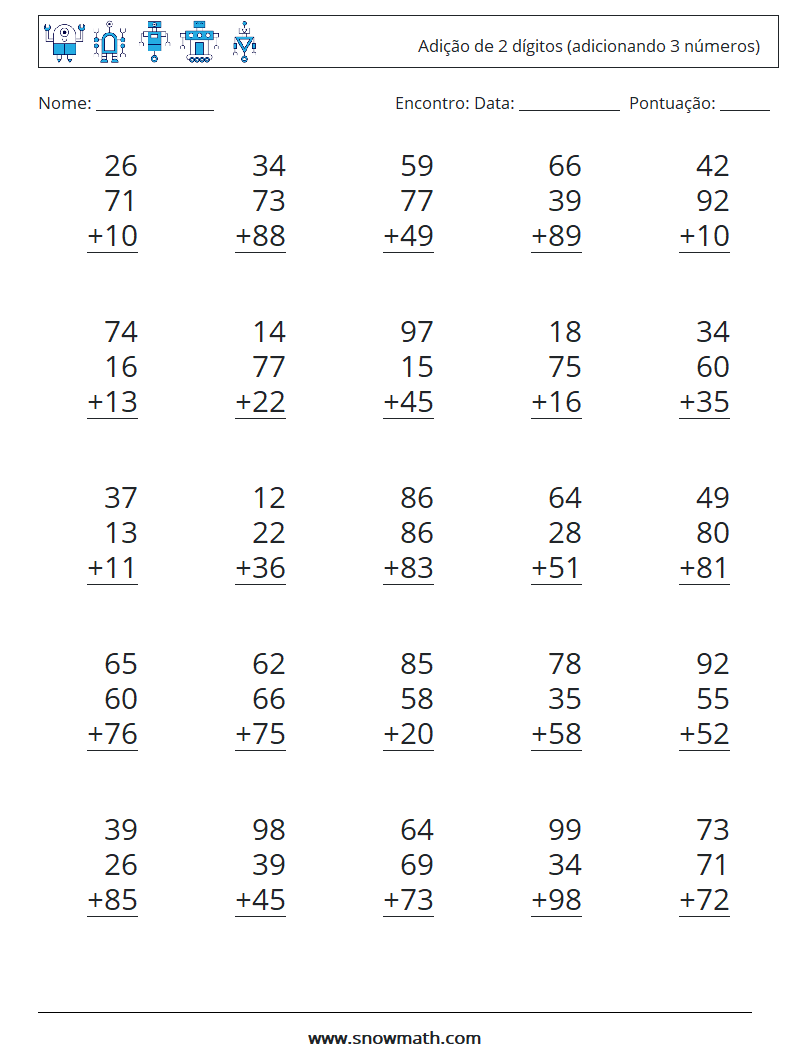 (25) Adição de 2 dígitos (adicionando 3 números) planilhas matemáticas 10