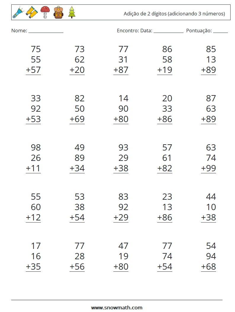 (25) Adição de 2 dígitos (adicionando 3 números) planilhas matemáticas 11