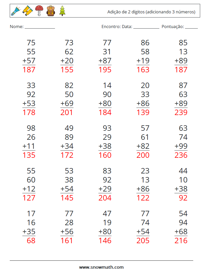 (25) Adição de 2 dígitos (adicionando 3 números) planilhas matemáticas 11 Pergunta, Resposta