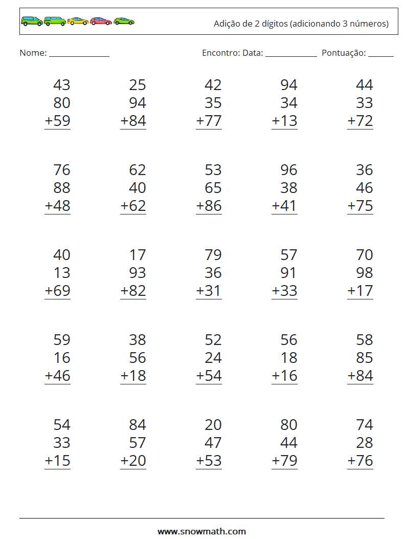 (25) Adição de 2 dígitos (adicionando 3 números) planilhas matemáticas 12