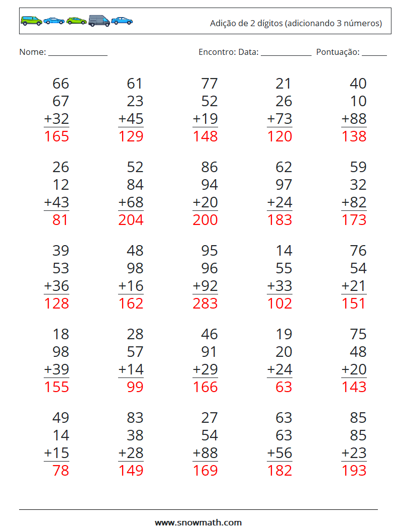 (25) Adição de 2 dígitos (adicionando 3 números) planilhas matemáticas 13 Pergunta, Resposta