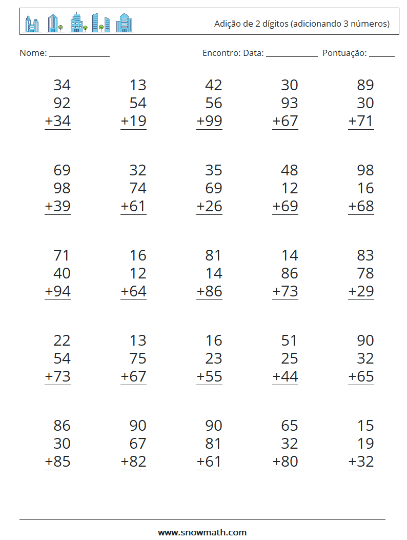 (25) Adição de 2 dígitos (adicionando 3 números) planilhas matemáticas 14