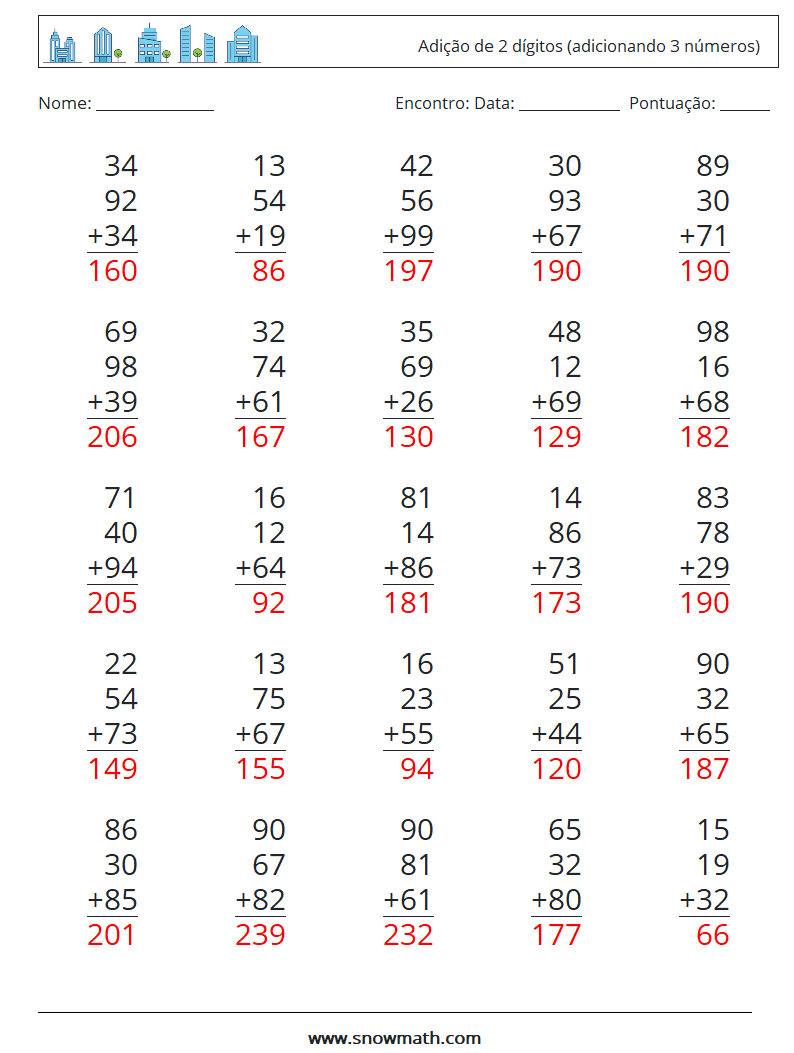 (25) Adição de 2 dígitos (adicionando 3 números) planilhas matemáticas 14 Pergunta, Resposta