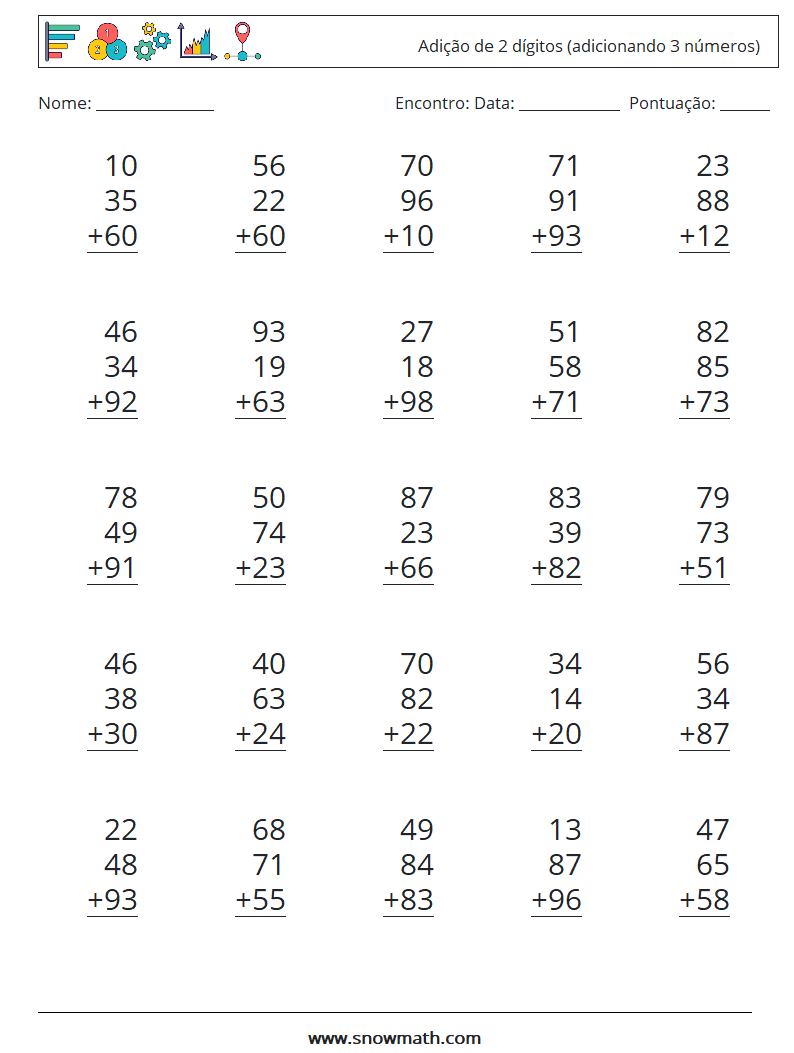 (25) Adição de 2 dígitos (adicionando 3 números) planilhas matemáticas 15